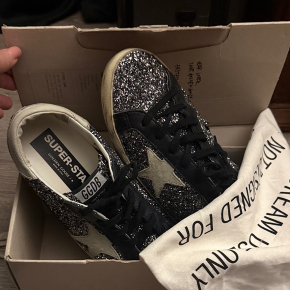 Golden Goose Deluxe Brand Super-Star Sneakers Black Silver Glitter Size 10 - Picture 11 of 12